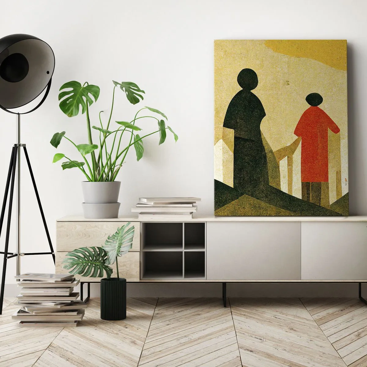 Cuadro sobre lienzo - Impresión de Imagen - Siluetas geométricas en rojo y verde sobre un fondo amarillo. - 50x70cm - Todavía lejos del destino - Decoración de pared moderna para salón y dormitorio ARTTOR