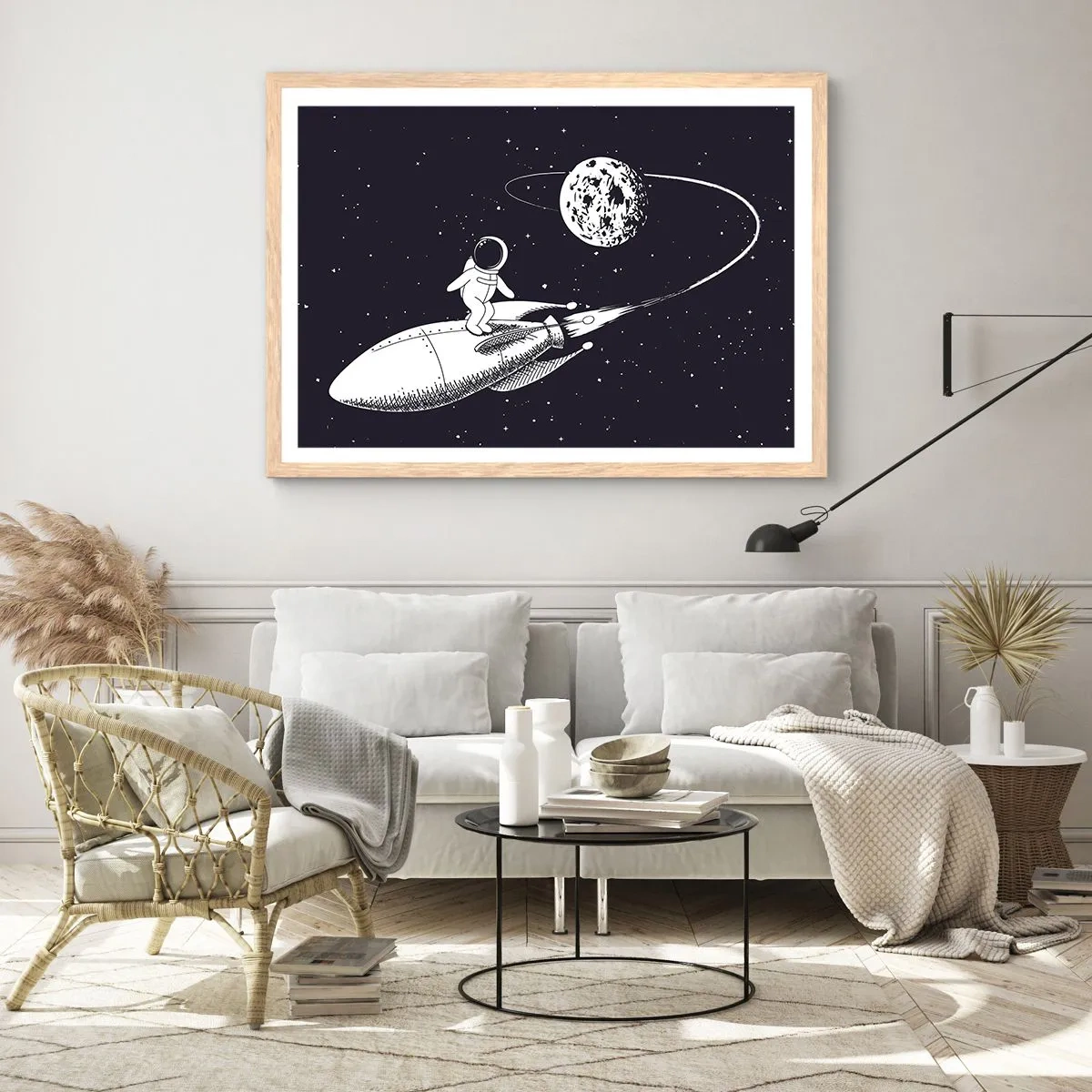 Póster en marco roble claro - Surfista espacial - 100x70 cm