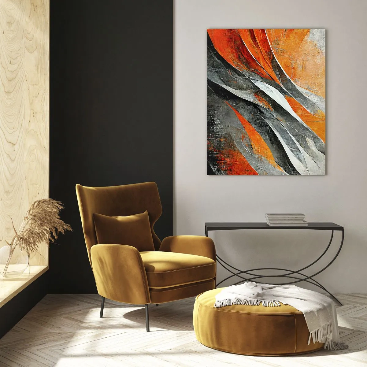 Cuadro sobre vidrio - Impresiones sobre Vidrio - Rayas abstractas en tonos naranja y gris. - 50x70cm - Calor y frío - Decoración de pared moderna para salón y dormitorio ARTTOR