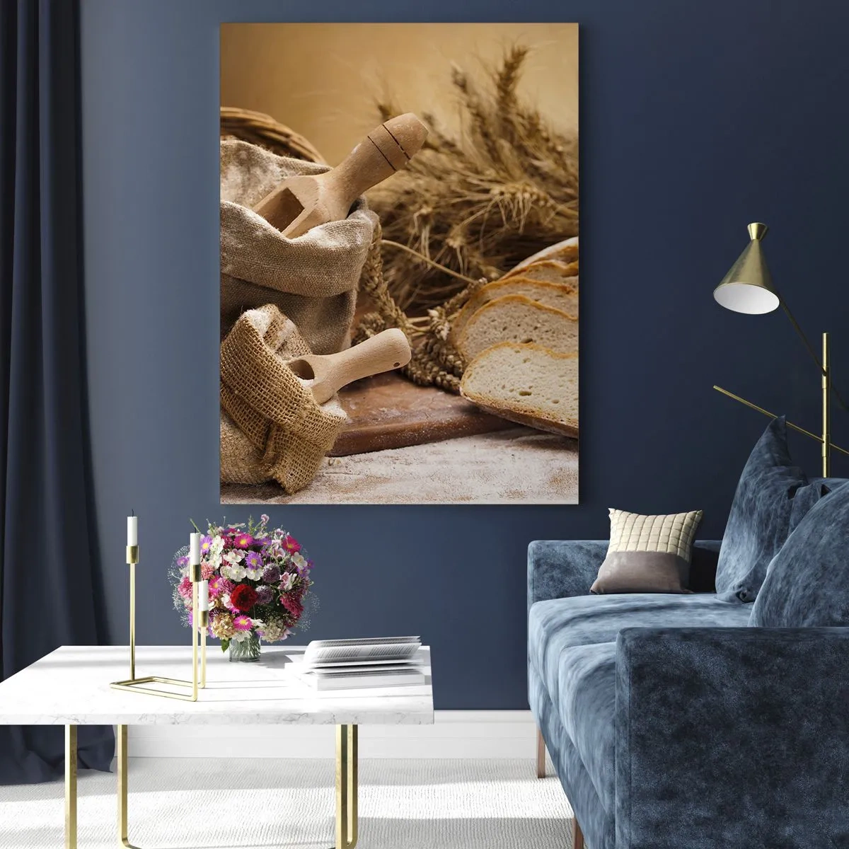 Cuadro sobre vidrio - Impresiones sobre Vidrio - Pan, harina y espigas de trigo al estilo rústico - 50x70cm - Corte perfecto - Decoración de pared moderna para salón y dormitorio ARTTOR