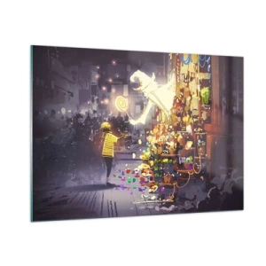 Cuadro sobre vidrio - Impresiones sobre Vidrio - Un niño con una camiseta clara en un puesto luminoso lleno de dulces coloridos. - 100x70cm - Los hechizos existen - Decoración de pared moderna para salón y dormitorio ARTTOR