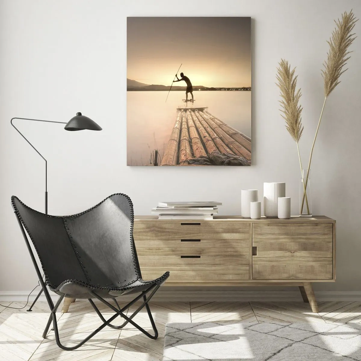 Cuadro sobre vidrio - Impresiones sobre Vidrio - Hombre en una balsa al atardecer - 80x120cm - Antes del descanso - Decoración de pared moderna para salón y dormitorio ARTTOR