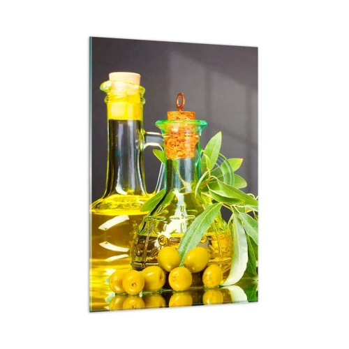Cuadro sobre vidrio - Impresiones sobre Vidrio - Botellas de aceite de oliva y ramas de olivo - 80x120cm - Bodegón con aceitunas y aceite - Decoración de pared moderna para salón y dormitorio ARTTOR
