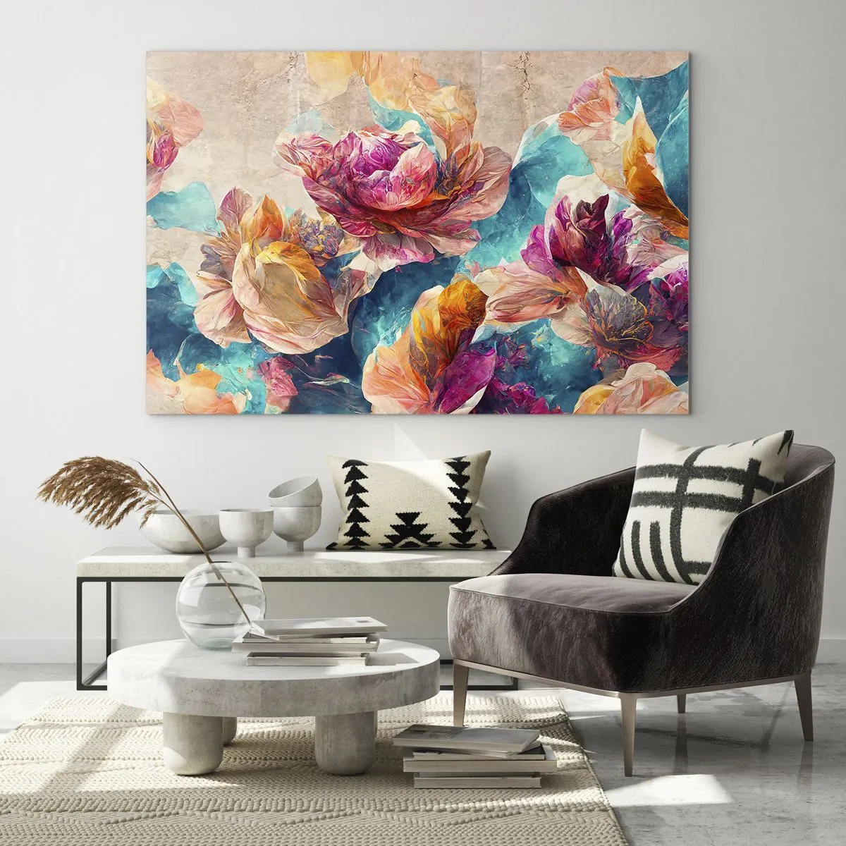 Cuadro sobre vidrio - Impresiones sobre Vidrio - Flores de colores sobre un fondo de acuarela - 120x80cm - El colorido esplendor de un ramo - Decoración de pared moderna para salón y dormitorio ARTTOR