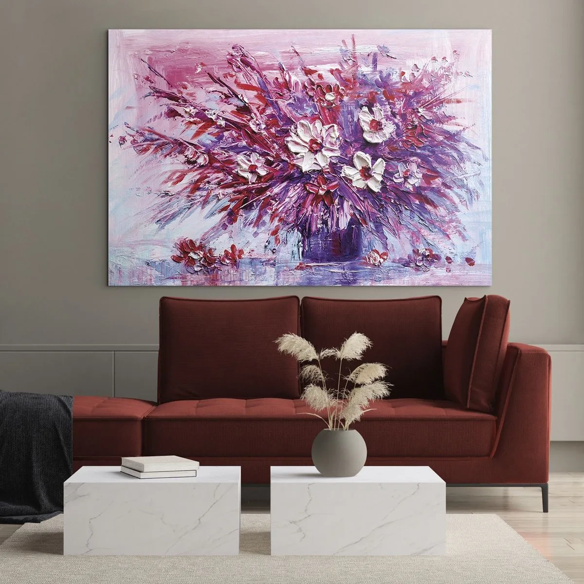 Cuadro sobre vidrio - Impresiones sobre Vidrio - Un ramo de flores en tonos rosa y morado. - 120x80cm - Inocencia y pasión - Decoración de pared moderna para salón y dormitorio ARTTOR