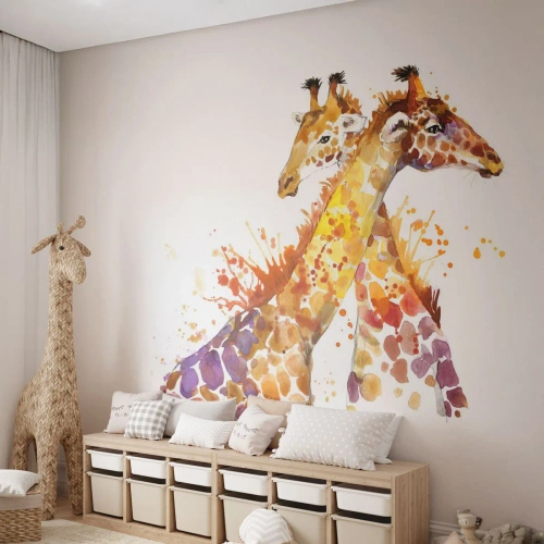 Fotomural Premium Sand - Jirafas de acuarela sobre un fondo blanco en un estilo artístico. - 100x70cm - ¿Esto es amistad o es amor? - Decoración de pared moderna para salón y dormitorio ARTTOR