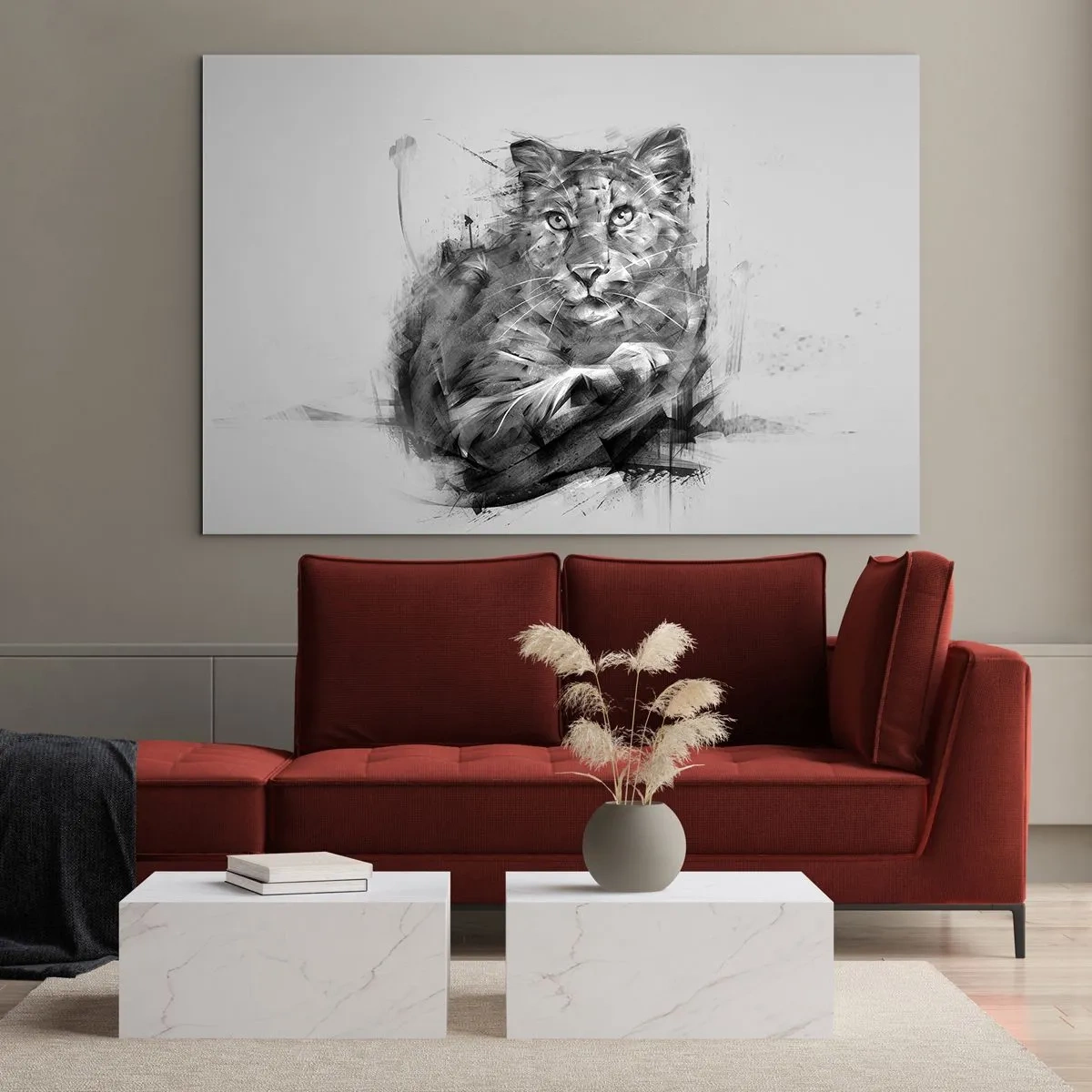 Cuadro sobre vidrio - Impresiones sobre Vidrio - Un dibujo de un tigre en estilo monocromático sobre un fondo claro. - 120x80cm - Sí, estoy escuchando - Decoración de pared moderna para salón y dormitorio ARTTOR