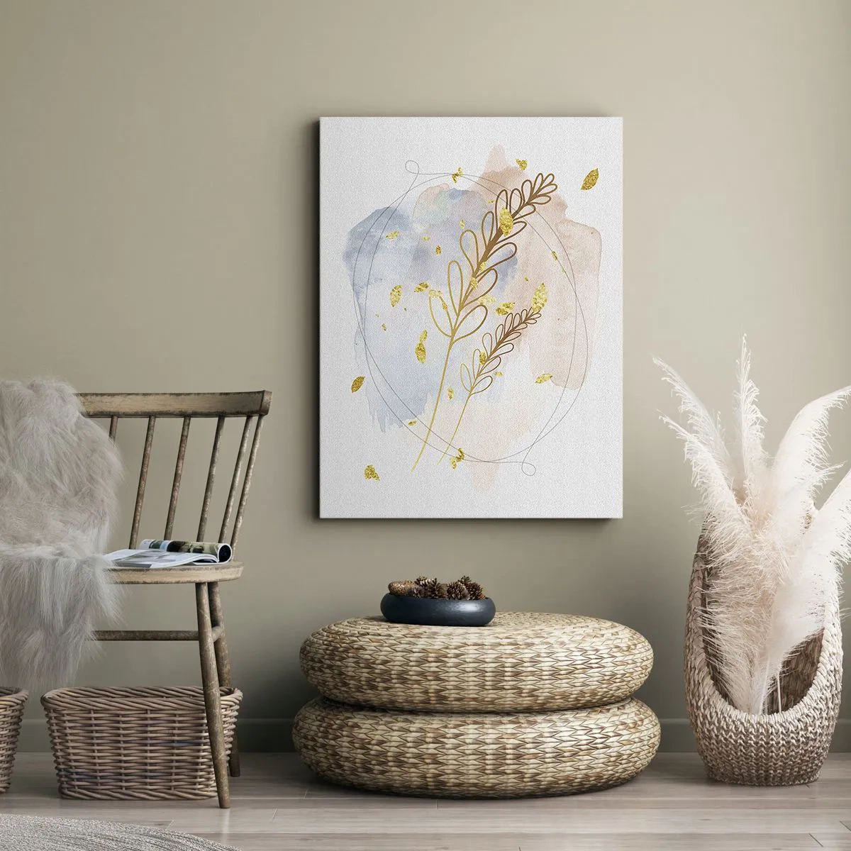Cuadro sobre lienzo - Impresión de Imagen - Un delicado motivo de hojas doradas sobre un fondo pastel con detalles de acuarela. - 50x70cm - Ráfaga dorada - Decoración de pared moderna para salón y dormitorio ARTTOR
