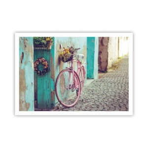 Póster - Una bicicleta rosa junto a una puerta turquesa. - 100x70cm - Ahora mismo vuelvo - Decoración de pared moderna para salón y dormitorio ARTTOR