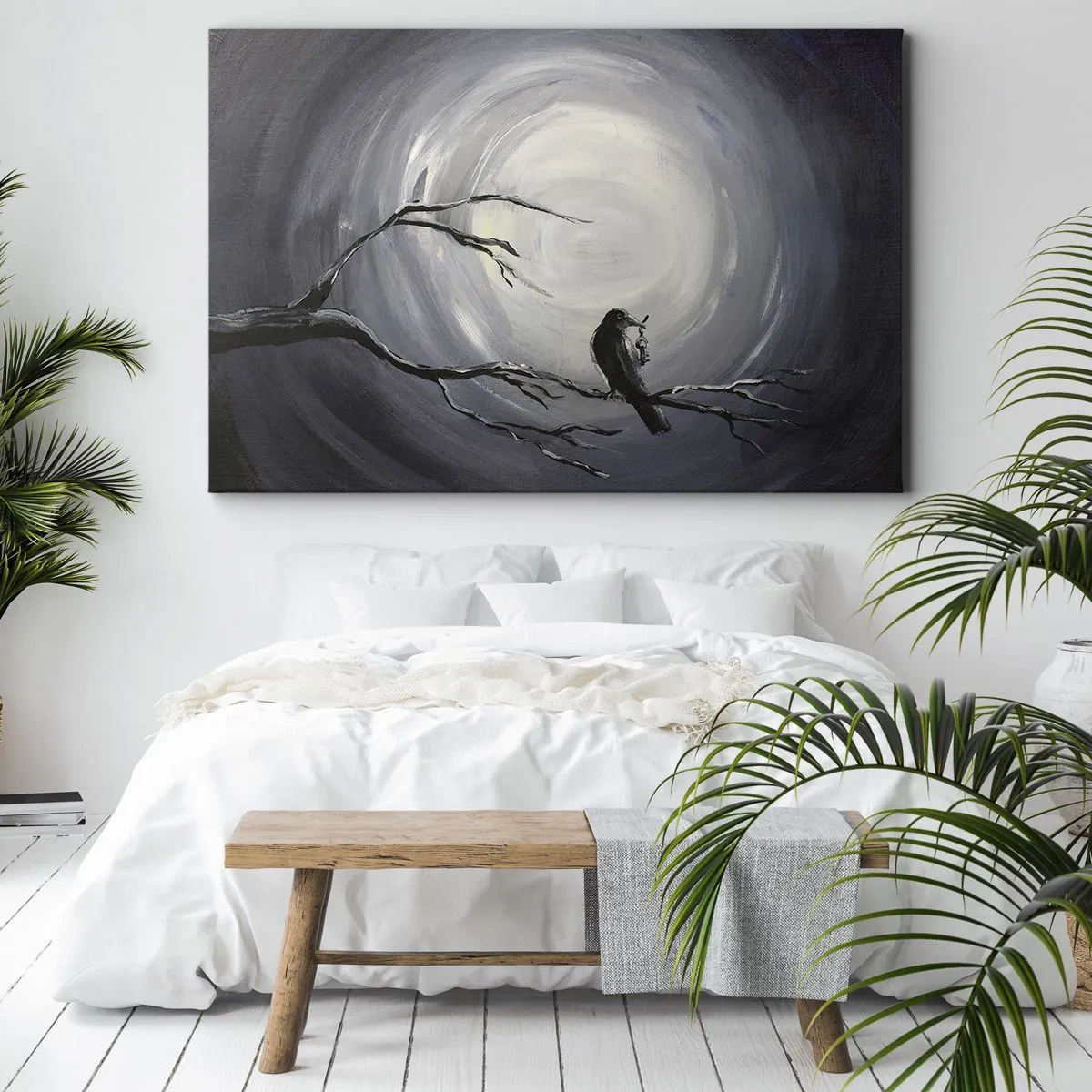Cuadro sobre lienzo - Impresión de Imagen - Pájaro negro en una rama a la luz de la luna - 120x80cm - La clave del misterio de la noche - Decoración de pared moderna para salón y dormitorio ARTTOR