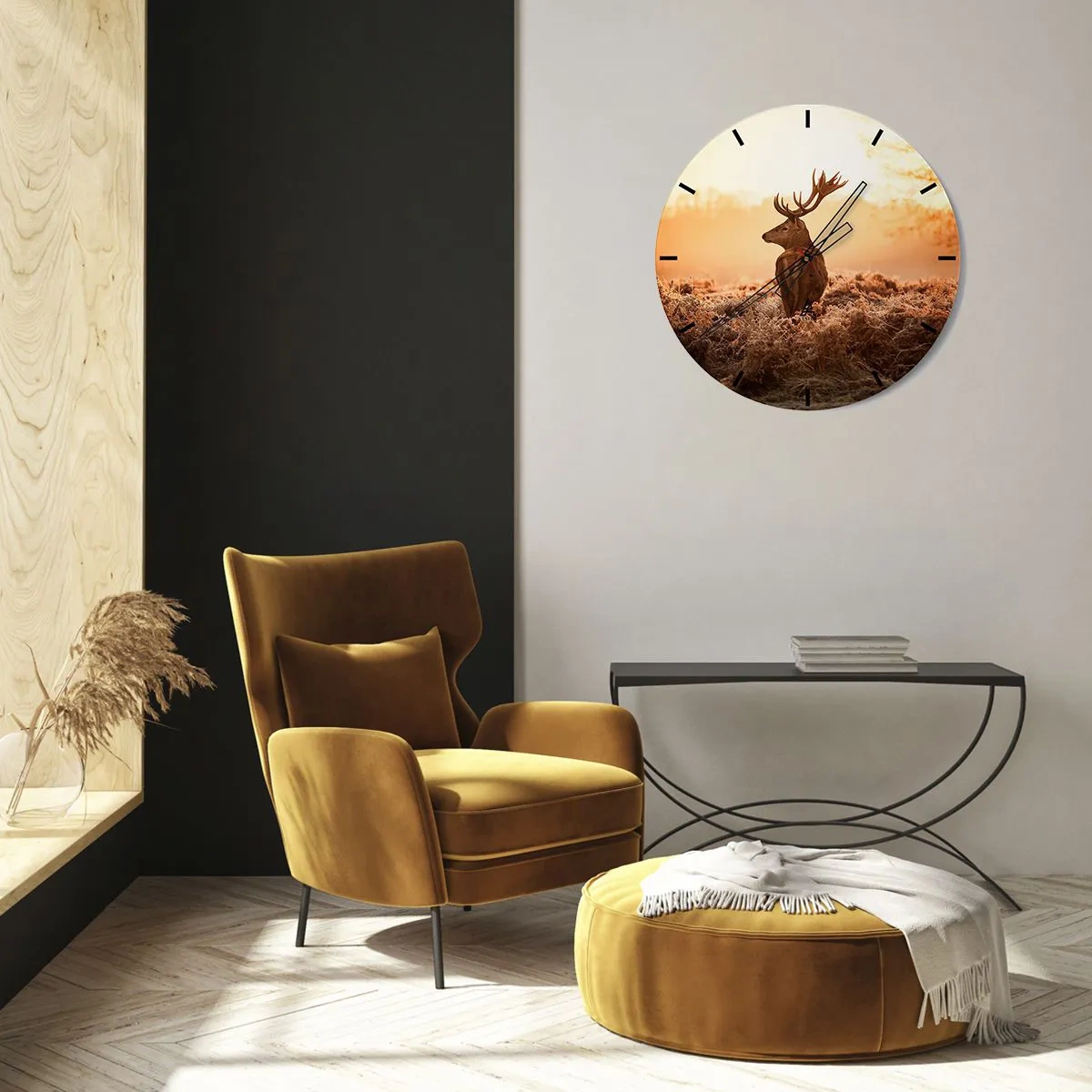 Reloj de pared - Reloj de vidrio - Ciervos en la niebla matutina en cálidos tonos dorados. - 30x30cm - Un líder por derecho - Decoración de pared moderna para salón, cocina y dormitorio ARTTOR