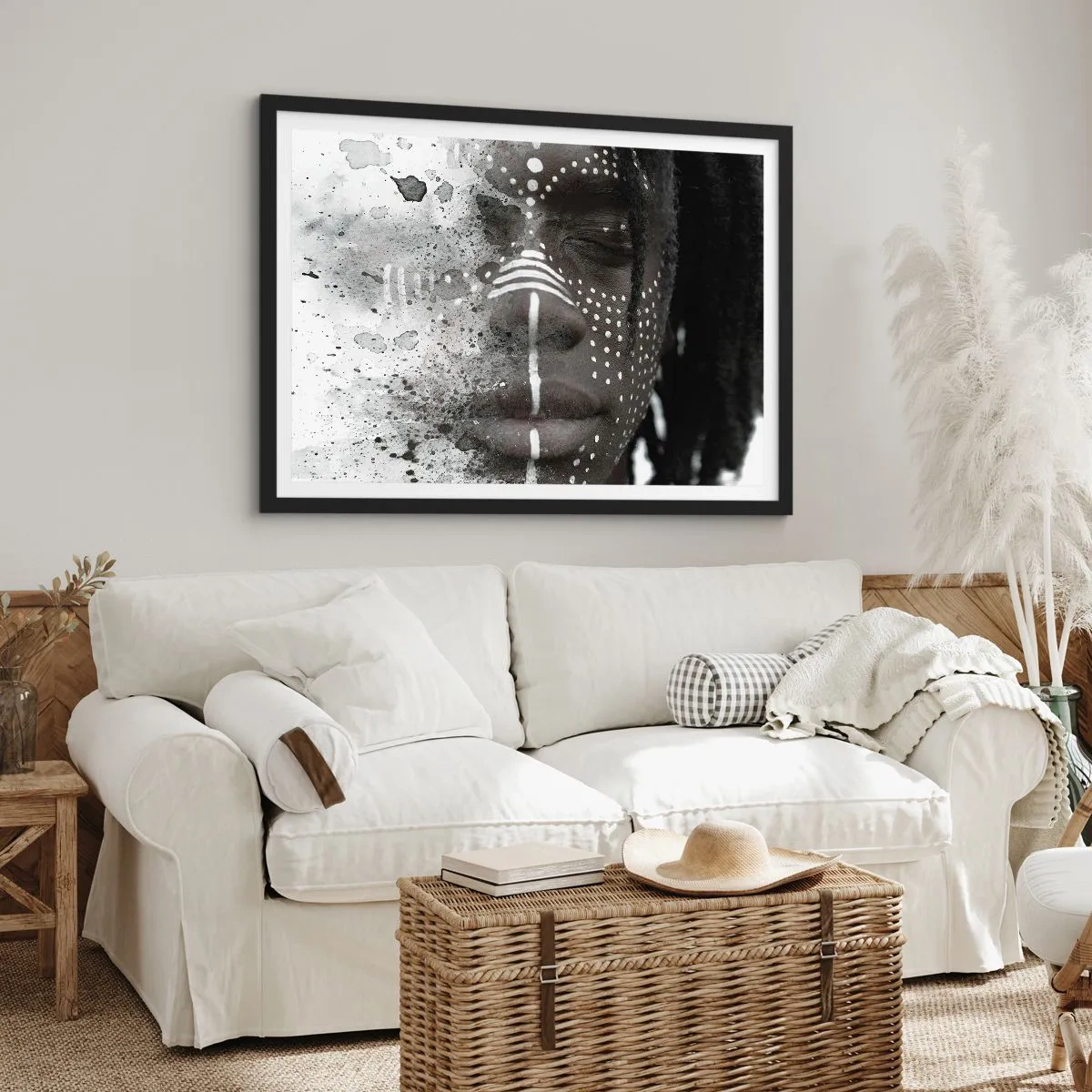 Póster en marco negro - Retrato artístico de rostro con patrones abstractos blancos. - 70x50cm - Descubrimiento del espíritu original - Decoración de pared moderna para salón y dormitorio ARTTOR