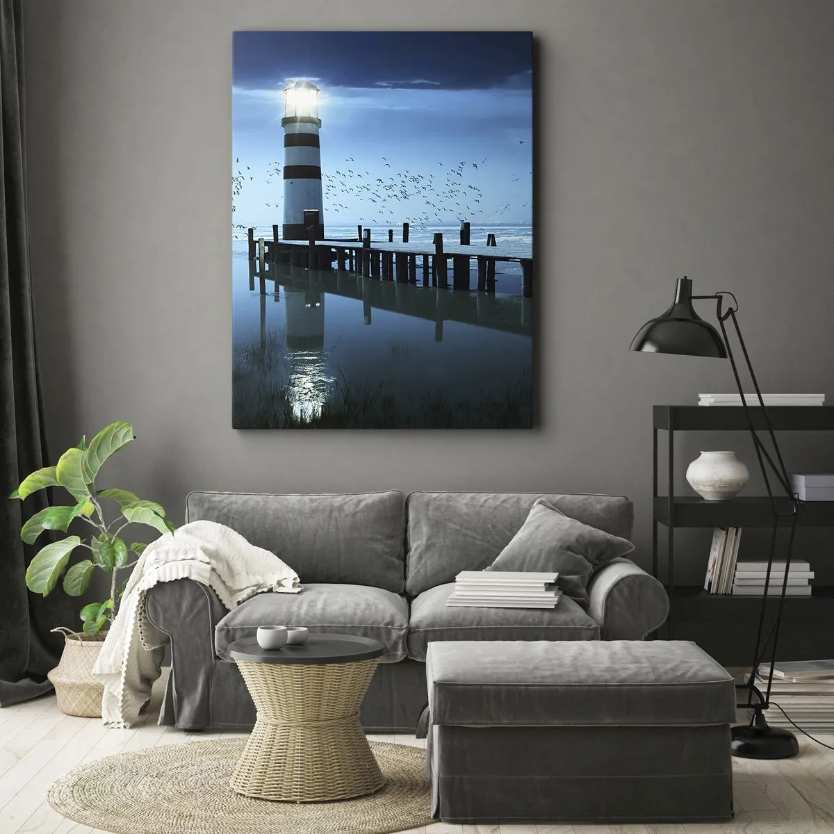 Cuadro sobre lienzo - Impresión de Imagen - El faro del muelle iluminado por la noche. - 50x70cm - Sin miedo a la oscuridad - Decoración de pared moderna para salón y dormitorio ARTTOR