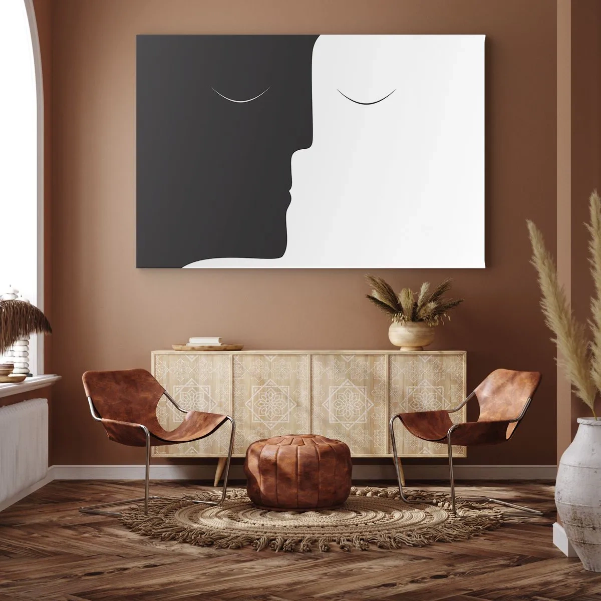 Cuadro sobre lienzo - Impresión de Imagen - Una silueta minimalista de dos caras en colores contrastantes. - 100x70cm - Unidad de los opuestos - Decoración de pared moderna para salón y dormitorio ARTTOR
