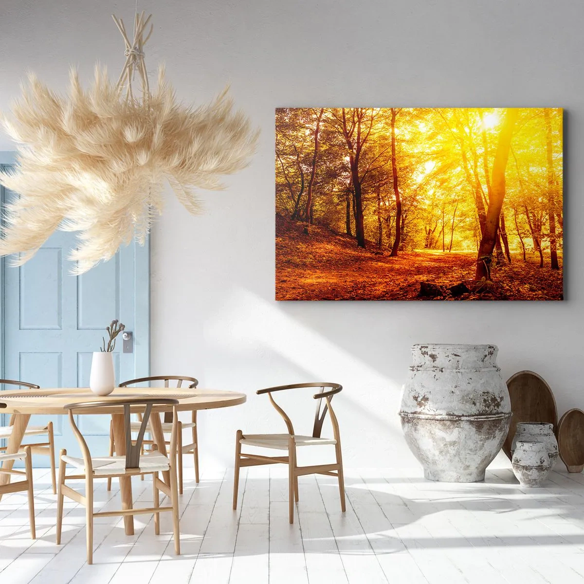 Cuadro sobre lienzo - Impresión de Imagen - Claro de otoño bajo la luz dorada del sol con un sendero forestal - 70x50cm - Hacia un claro de oro - Decoración de pared moderna para salón y dormitorio ARTTOR