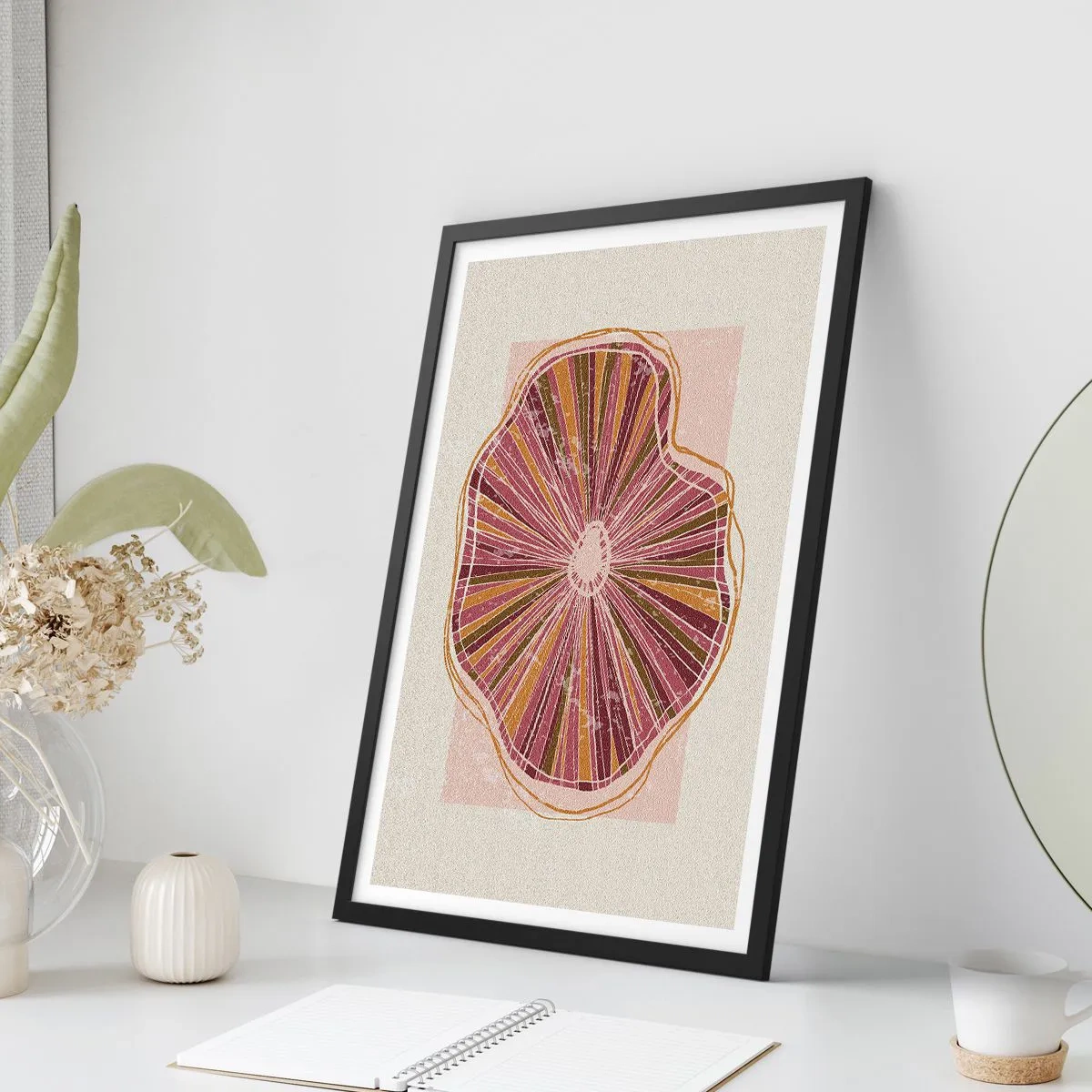 Póster en marco negro - Sección transversal abstracta de un árbol en tonos rosa y marrón. - 50x70cm - Abstracción radiante - Decoración de pared moderna para salón y dormitorio ARTTOR