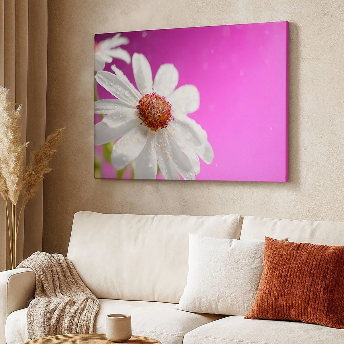 Cuadro sobre lienzo - Impresión de Imagen - Una margarita blanca cubierta de gotas de agua sobre un fondo rosa. - 70x50cm - Modesto en su belleza - Decoración de pared moderna para salón y dormitorio ARTTOR