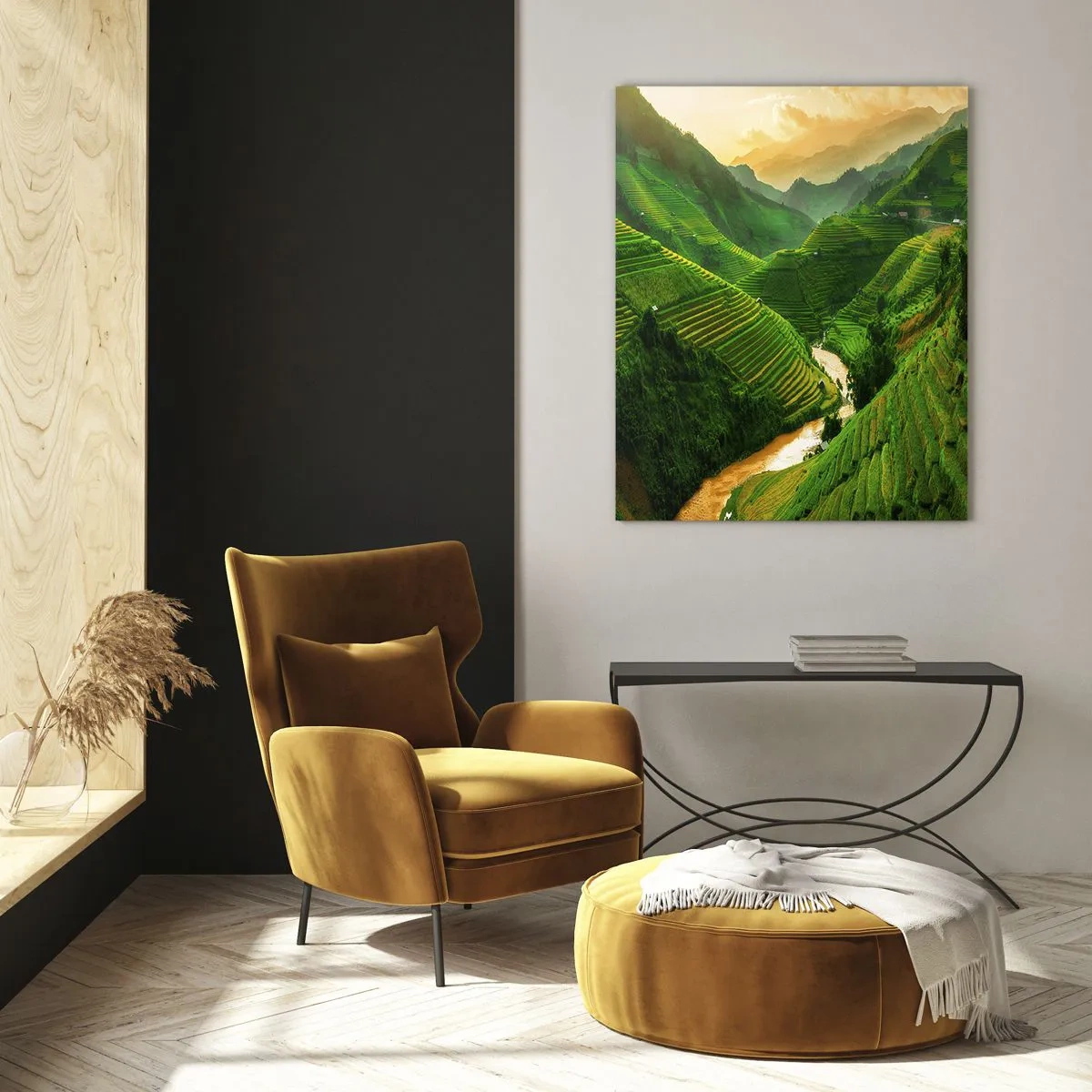 Cuadro sobre vidrio - Impresiones sobre Vidrio - Pintorescas terrazas de arroz en un valle verde iluminado por el sol poniente - 80x120cm - Valle vietnamita - Decoración de pared moderna para salón y dormitorio ARTTOR