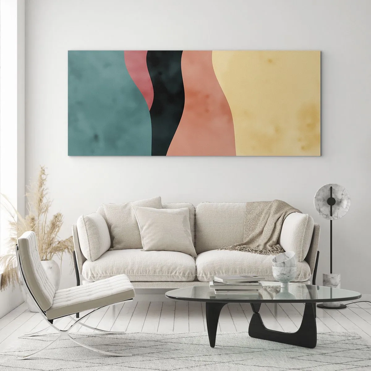 Cuadro sobre vidrio - Impresiones sobre Vidrio - Ondas abstractas en colores pastel - 140x50cm - Discordia compatible - Decoración de pared moderna para salón y dormitorio ARTTOR