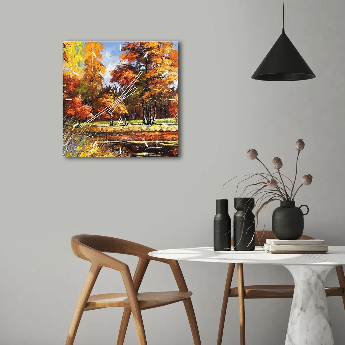 Reloj de pared - Reloj de vidrio - Paisaje en dorado y marrón - 40x40 cm