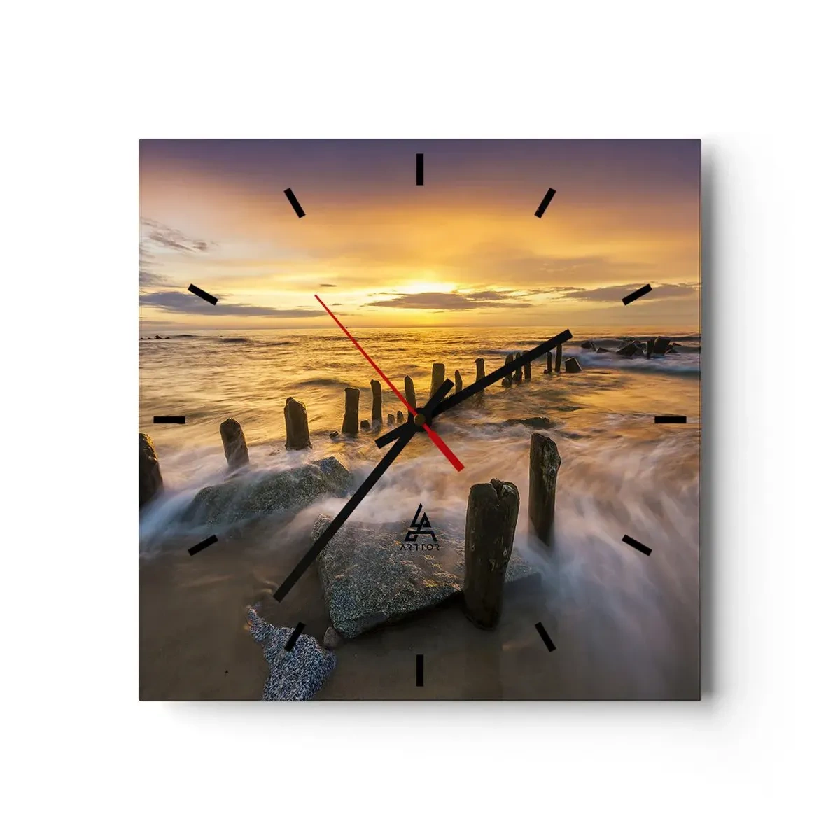 Reloj de pared - Reloj de vidrio - Puesta de sol sobre el mar con los restos de un antiguo muelle - 30x30cm - La cruda belleza del Báltico - Decoración de pared moderna para salón y dormitorio ARTTOR