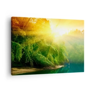 Cuadro sobre lienzo - Impresión de Imagen - Un bosque verde junto al río, iluminado por los rayos del sol naciente. - 70x50cm - Ahogarse en el sol y la sombra - Decoración de pared moderna para salón y dormitorio ARTTOR