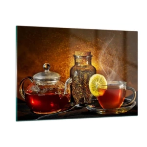 Cuadro sobre vidrio - Impresiones sobre Vidrio - Una tetera de cristal y una taza de té con limón. - 120x80cm - Al estilo de los maestros holandeses - Decoración de pared moderna para salón y dormitorio ARTTOR
