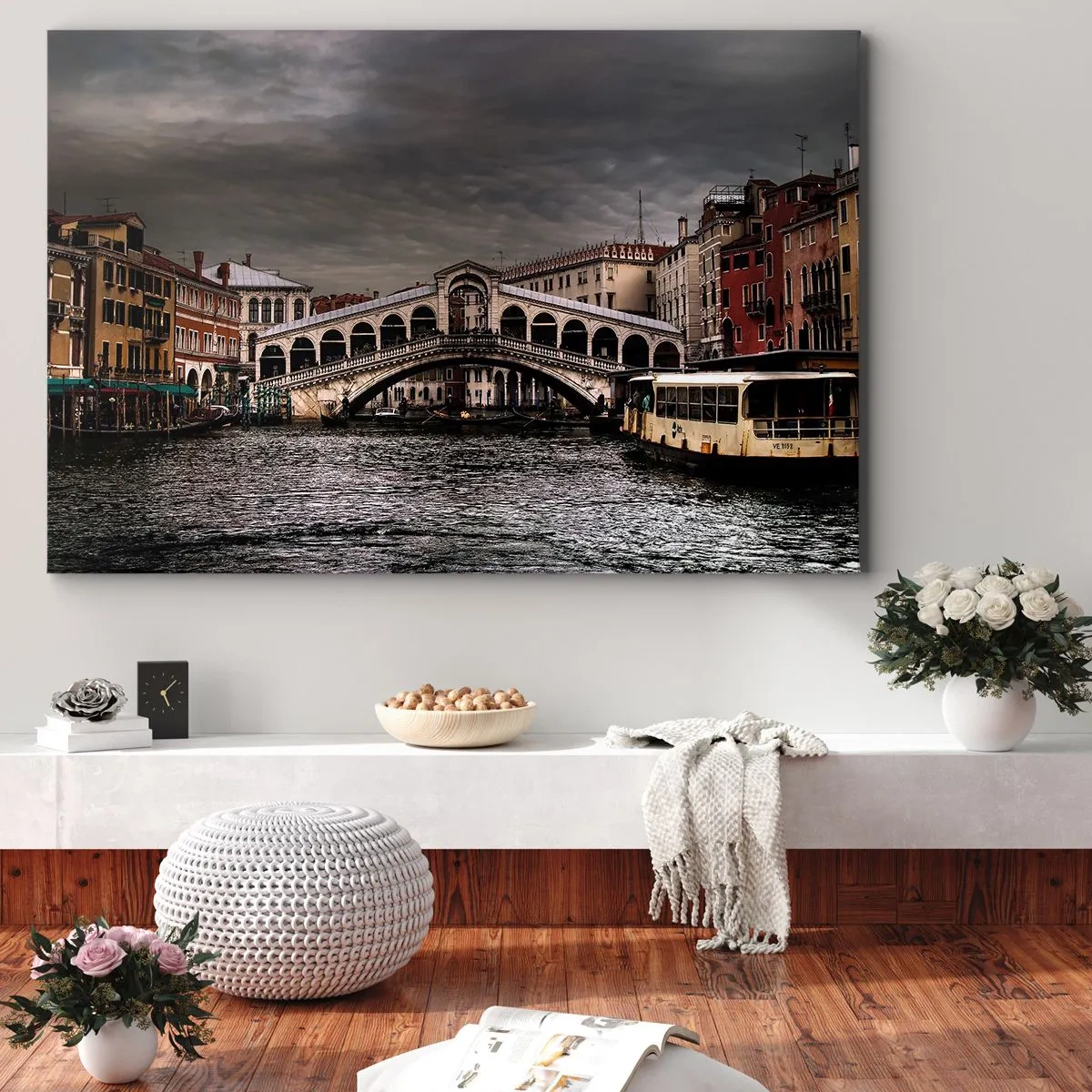 Cuadro sobre lienzo - Impresión de Imagen - Puente de Rialto en Venecia sobre el Gran Canal, arquitectura clásica. - 120x80cm - Promesa de una velada veneciana - Decoración de pared moderna para salón y dormitorio ARTTOR