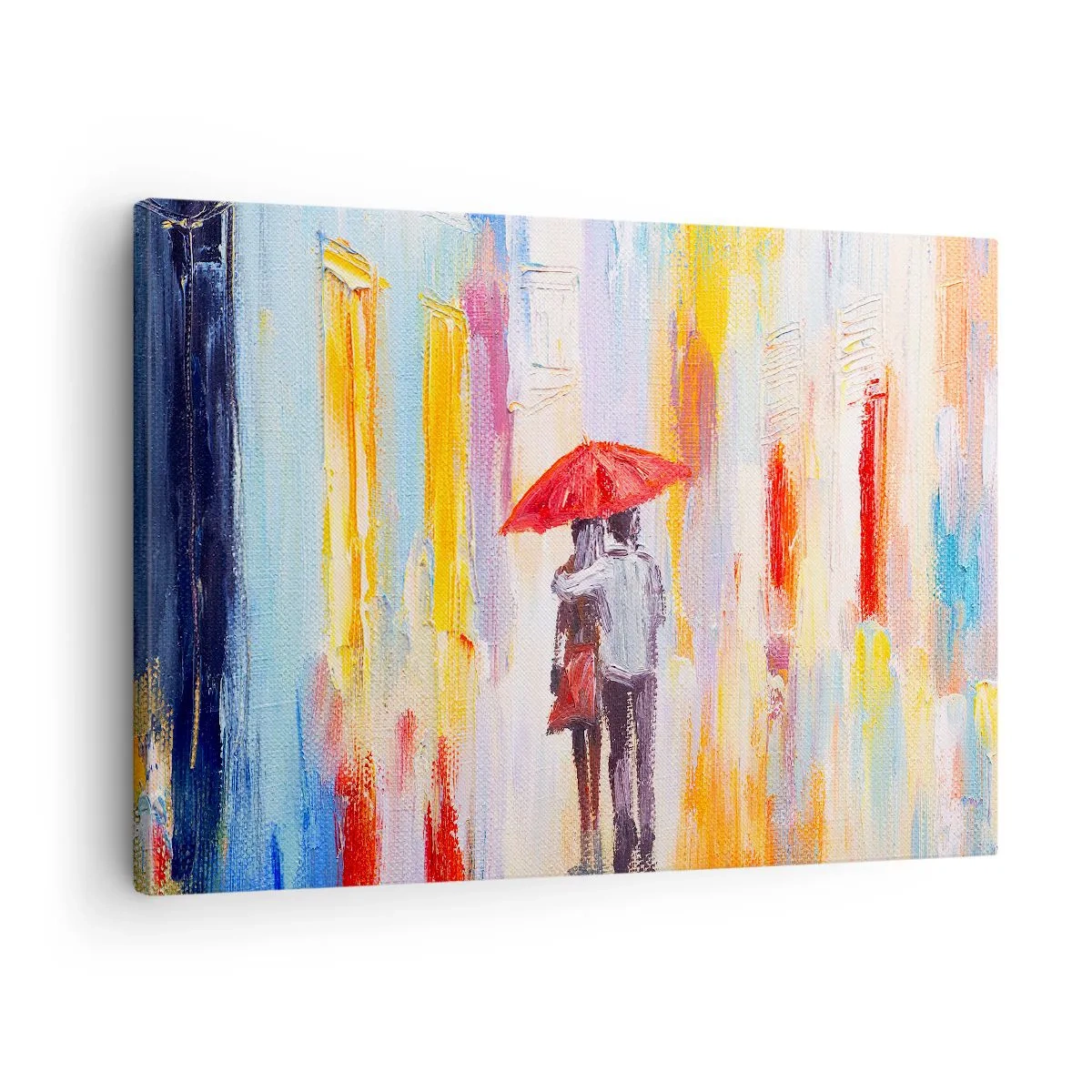 Cuadro sobre lienzo - Impresión de Imagen - Una pareja bajo un paraguas rojo con edificios coloridos al fondo. - 70x50cm - Que siga lloviendo - Decoración de pared moderna para salón y dormitorio ARTTOR