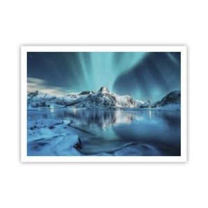 Póster - Aurora boreal sobre montañas nevadas y un lago - 100x70cm - Una noche de luz - Decoración de pared moderna para salón y dormitorio ARTTOR