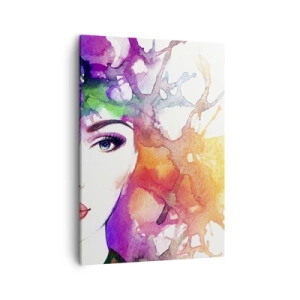 Cuadro sobre lienzo - Impresión de Imagen - Retrato de una mujer en colores de acuarela con manchas abstractas. - 50x70cm - Con la cabeza en las nubes - Decoración de pared moderna para salón y dormitorio ARTTOR