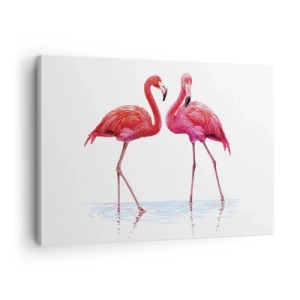 Cuadro sobre lienzo - Impresión de Imagen - Una pareja de flamencos en el agua contra un fondo claro. - 70x50cm - Cita rosada - Decoración de pared moderna para salón y dormitorio ARTTOR