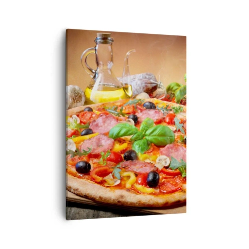 Cuadro sobre lienzo - Impresión de Imagen - Deliciosa pizza en una mesa de madera con ingredientes. - 50x70cm - Con un verdadero sabor italiano - Decoración de pared moderna para salón y dormitorio ARTTOR