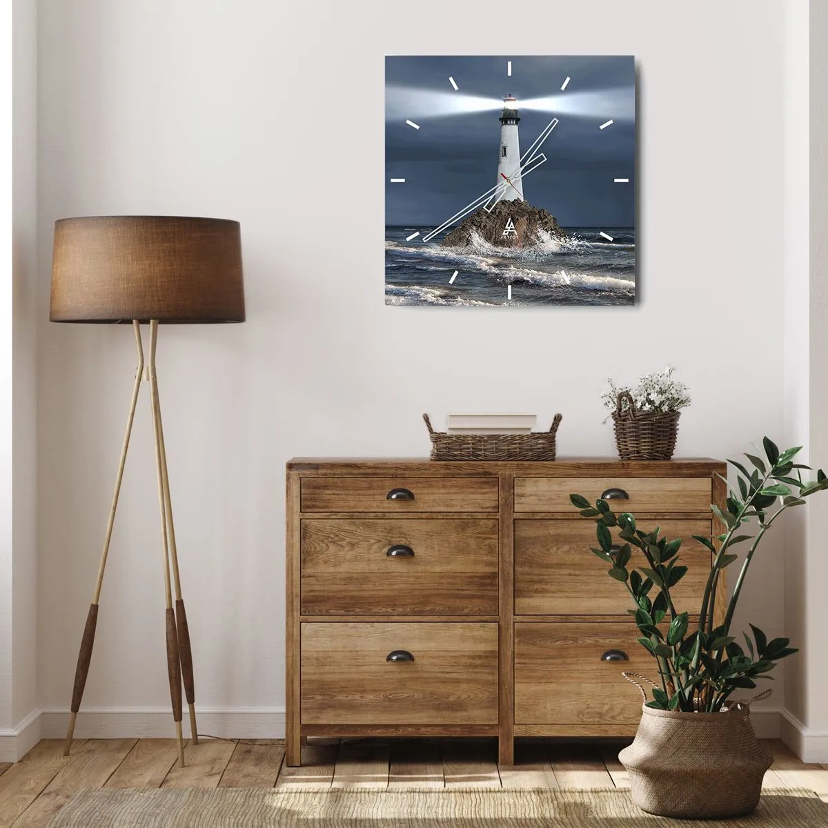 Reloj de pared - Reloj de vidrio - Un faro sobre una roca rodeado de un mar tempestuoso. - 30x30cm - ¡Aquí... aquí... aquí! - Decoración de pared moderna para salón y dormitorio ARTTOR