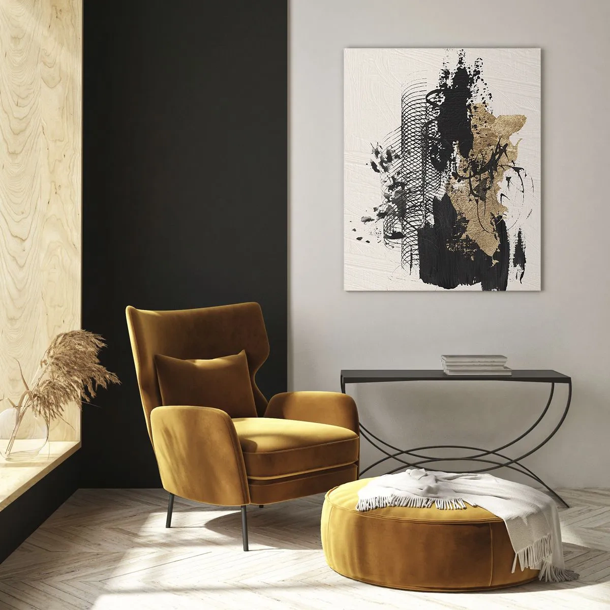 Cuadro sobre vidrio - Impresiones sobre Vidrio - Una pintura abstracta en negro y dorado con líneas y estructuras dinámicas. - 70x100cm - Composición con pasión - Decoración de pared moderna para salón y dormitorio ARTTOR