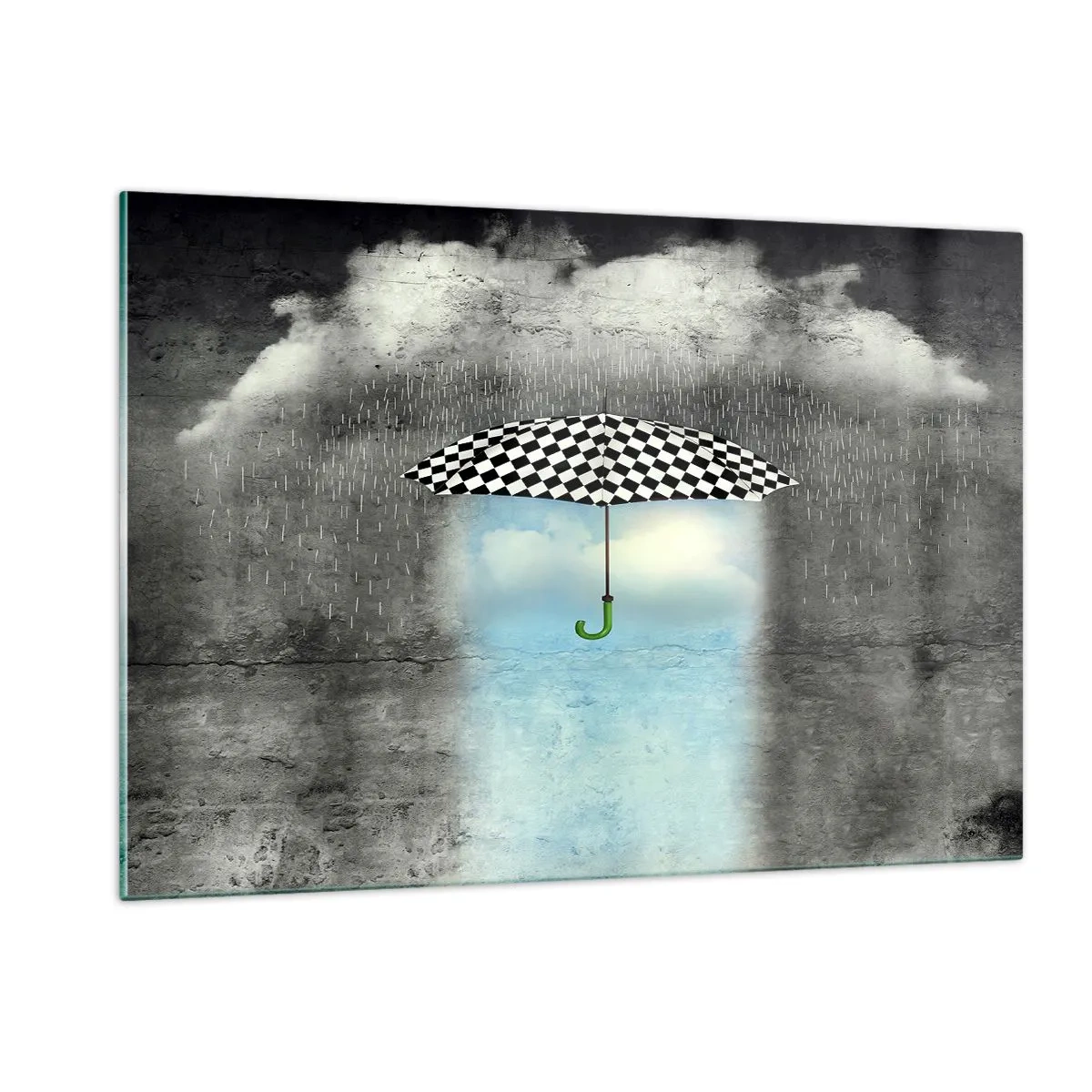 Cuadro sobre vidrio - Impresiones sobre Vidrio - Un paraguas a cuadros blancos y negros sobre un fondo de lluvia y nubes. - 120x80cm - Y sin embargo, es posible - Decoración de pared moderna para salón y dormitorio ARTTOR