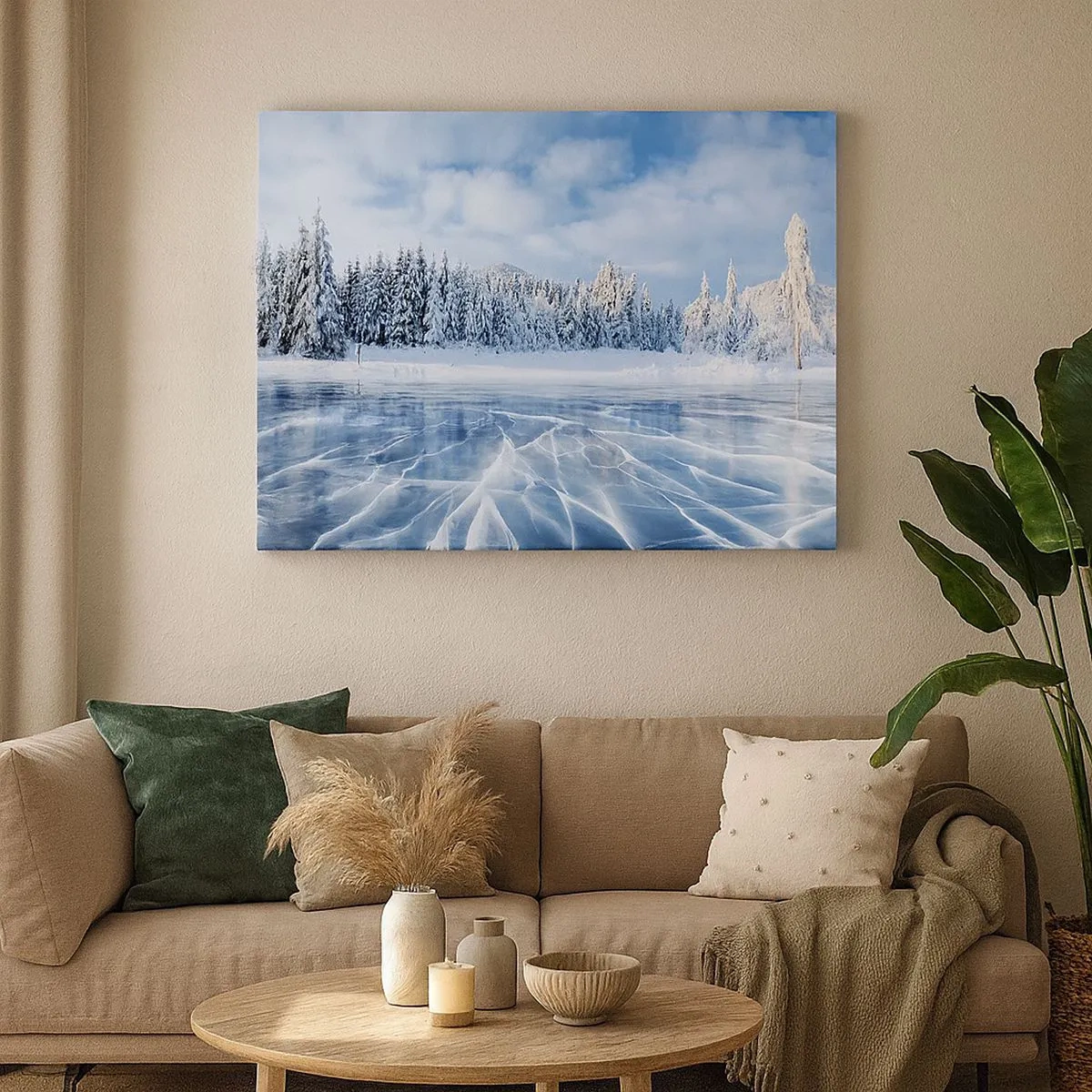 Cuadro sobre lienzo - Impresión de Imagen - Un lago congelado rodeado de un bosque cubierto de nieve. - 70x50cm - Vista deslumbrante y cristalina - Decoración de pared moderna para salón y dormitorio ARTTOR