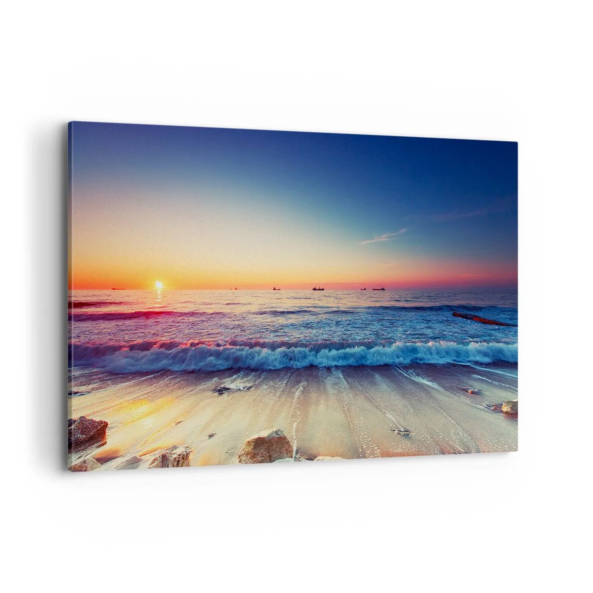 Cuadro sobre lienzo - Impresión de Imagen - Puesta de sol sobre un mar tranquilo con olas - 120x80cm - ¿Y qué hay tras el horizonte? - Decoración de pared moderna para salón y dormitorio ARTTOR