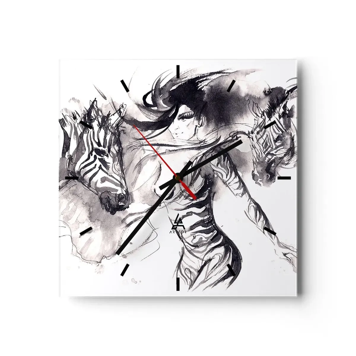 Reloj de pared - Reloj de vidrio - Una mujer en una danza dinámica con cebras en una estética en blanco y negro. - 30x30cm - Bailando con las cebras - Decoración de pared moderna para salón y dormitorio ARTTOR