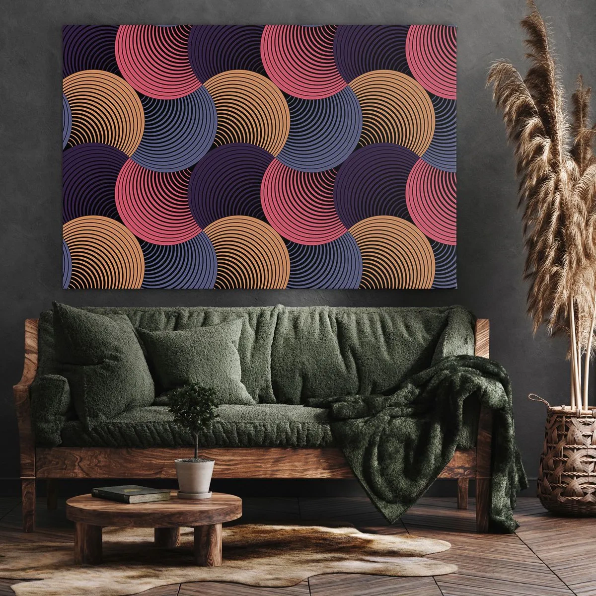 Cuadro sobre lienzo - Impresión de Imagen - Círculos geométricos en tonos rosa, morado y dorado. - 100x70cm - En un ritmo circular - Decoración de pared moderna para salón y dormitorio ARTTOR