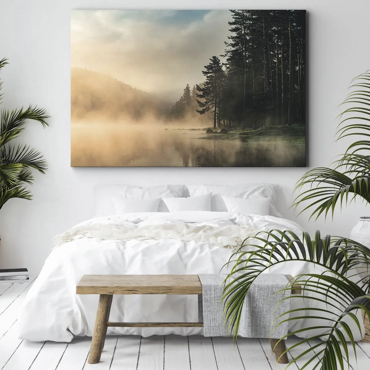Cuadro sobre lienzo - Impresión de Imagen - Un bosque brumoso sobre un lago tranquilo. - 70x50cm - El nacimiento de un día - Decoración de pared moderna para salón y dormitorio ARTTOR