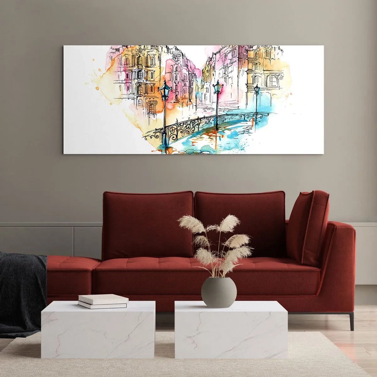 Cuadro sobre vidrio - Impresiones sobre Vidrio - Acuarela de un puente y casas de vecindad en forma de corazón - 160x50cm - El corazón de la ciudad - Decoración de pared moderna para salón y dormitorio ARTTOR