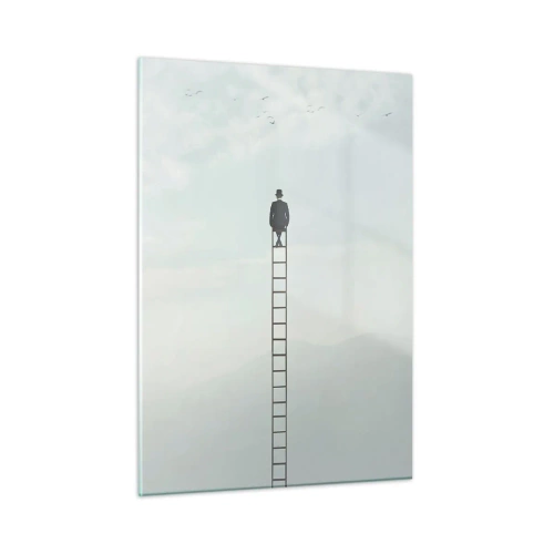Cuadro sobre vidrio - Impresiones sobre Vidrio - Silueta de un hombre en lo alto de una escalera en las nubes - 50x70cm - Hacia lo más alto - Decoración de pared moderna para salón y dormitorio ARTTOR
