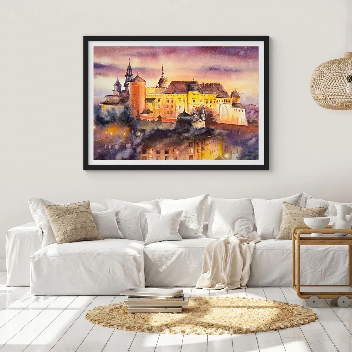 Póster en marco negro - Una pintoresca pintura de acuarela de un castillo al atardecer. - 70x50cm - Una historia y un cuento - Decoración de pared moderna para salón y dormitorio ARTTOR