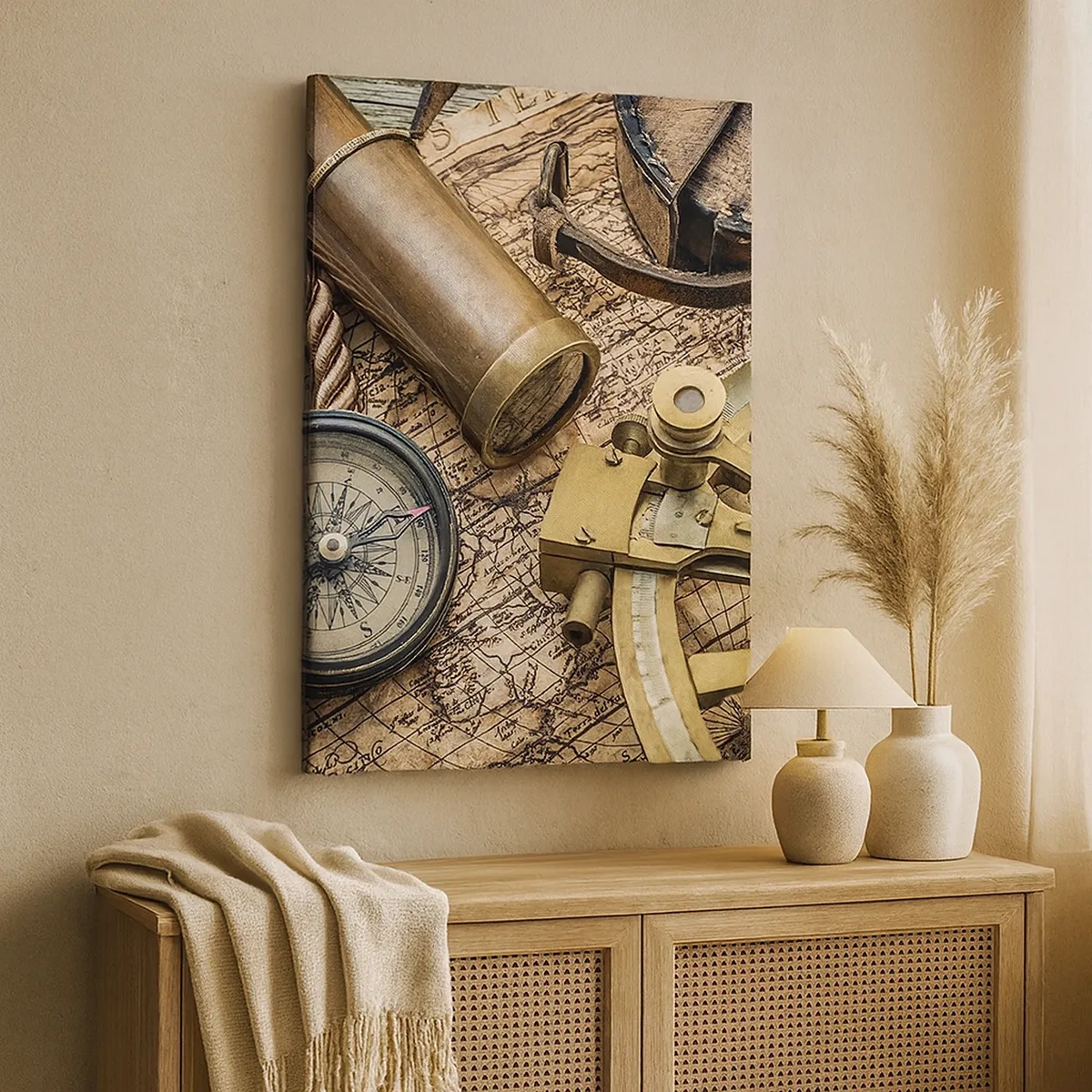 Cuadro sobre lienzo - Impresión de Imagen - Una brújula, un sextante y un telescopio sobre el fondo de un mapa antiguo y una cuerda náutica. - 50x70cm - Establecer un rumbo - Decoración de pared moderna para salón y dormitorio ARTTOR