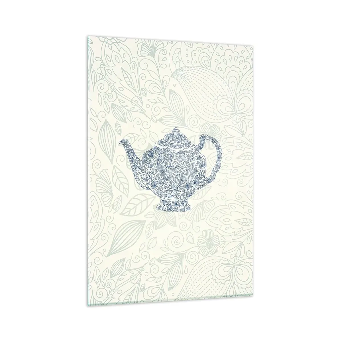 Cuadro sobre vidrio - Impresiones sobre Vidrio - Dibujo decorativo de una tetera con adornos azules. - 80x120cm - El encanto del té - Decoración de pared moderna para salón y dormitorio ARTTOR