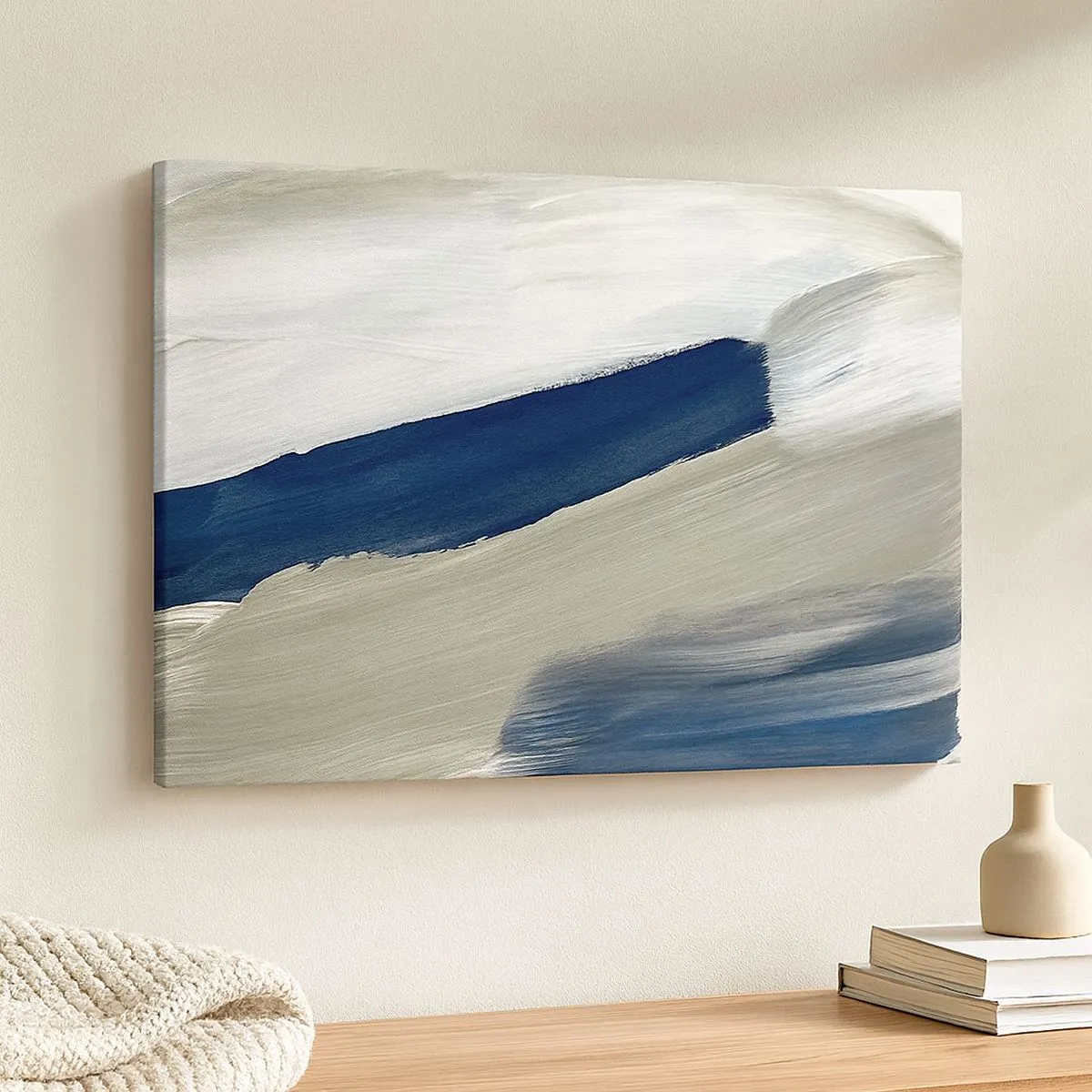 Cuadro sobre lienzo - Impresión de Imagen - Pinceladas abstractas en tonos azules y grises - 70x50cm - Encuentro con el blanco - Decoración de pared moderna para salón y dormitorio ARTTOR
