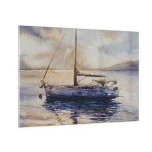 Cuadro sobre vidrio - Impresiones sobre Vidrio - Un yate amarrado en una bahía tranquila al anochecer. - 70x50cm - Atardecer en la bahía - Decoración de pared moderna para salón y dormitorio ARTTOR
