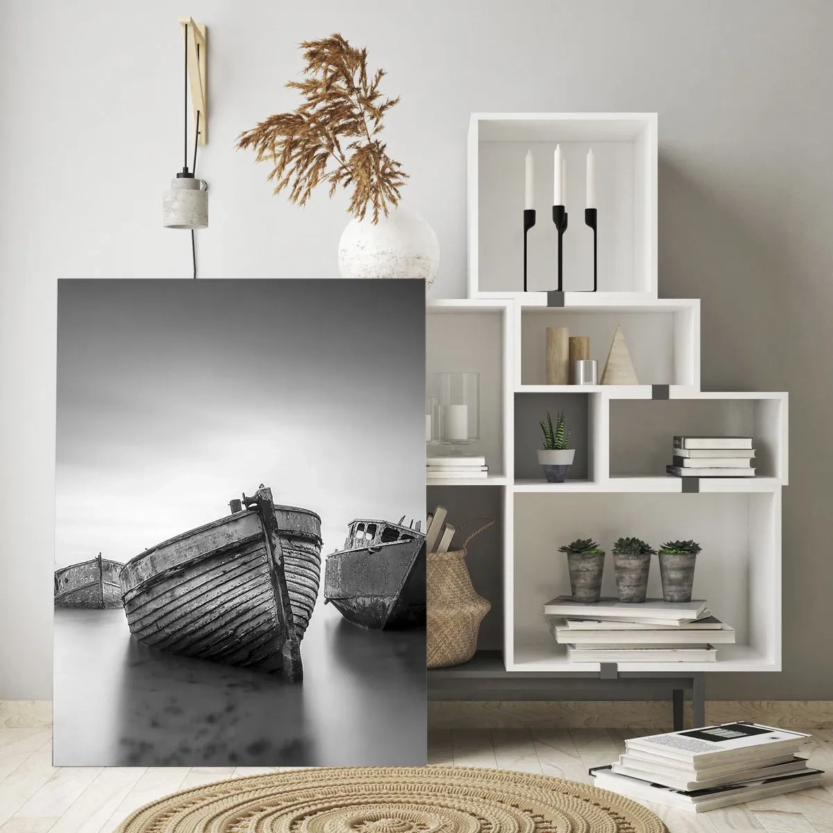 Cuadro sobre vidrio - Impresiones sobre Vidrio - Barcos abandonados en aguas tranquilas - 70x100cm - Ahora solo quedan los recuerdos... - Decoración de pared moderna para salón y dormitorio ARTTOR