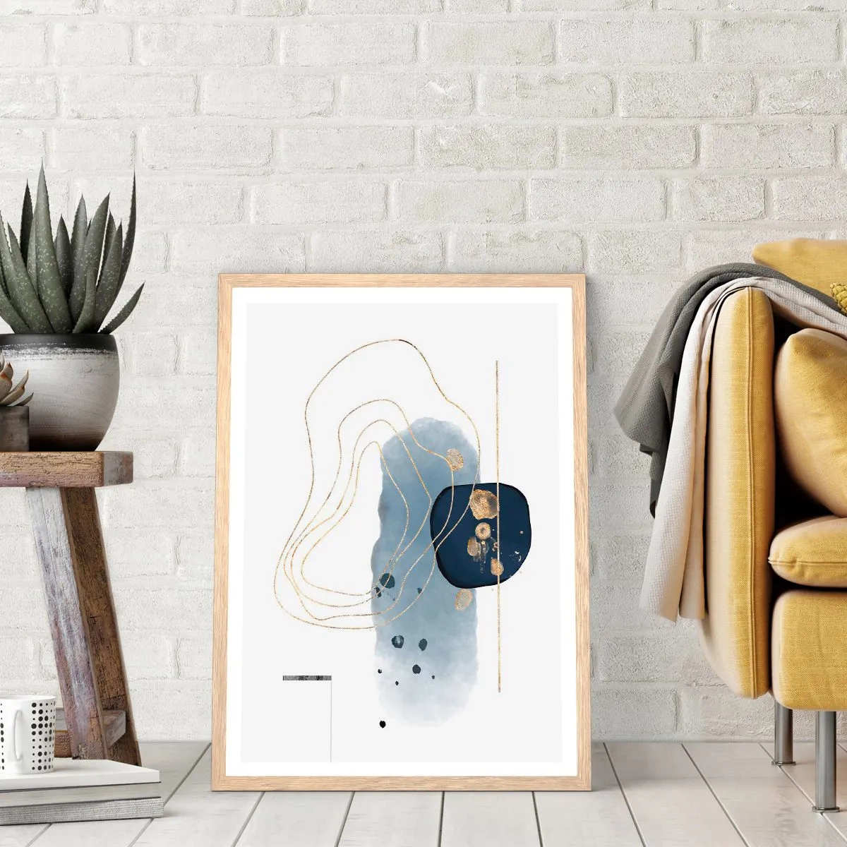 Póster en marco roble claro - Fantasía azul y oro - 70x100 cm